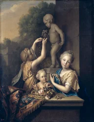 Drei Mädchen opfern Amor Blumen, 1710
